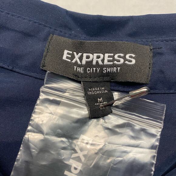 Express Button-Up Cotton Blend Shirt Women M Navy Blue White Embroidered Flowers - Picture 11 of 11